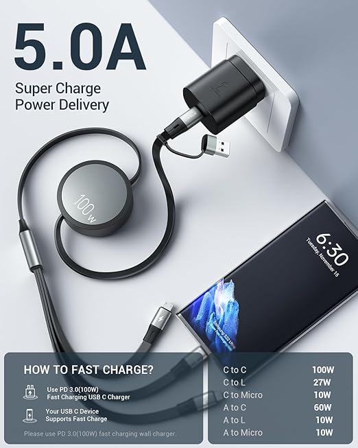 CAFELE 100W Multi Charging Cable, 6-in-1 Retractable USB C/A Cable, 5A Fast Charger Cord for Multiple Devices with Type C/L/Micro Ports for Phone 17 16 15 14 Pro Max, S24/S23, MBook, Pad (3.6ft)