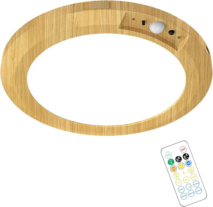 Battery Operated LED Celling Lights Fixture with Auto Motion Sensor, Smart Body Sensor Ceiling-Mounted Lamps with 3 Colors/Brightness, Motion Detection Magnetic Celling Lights for Closet Shower-Wood