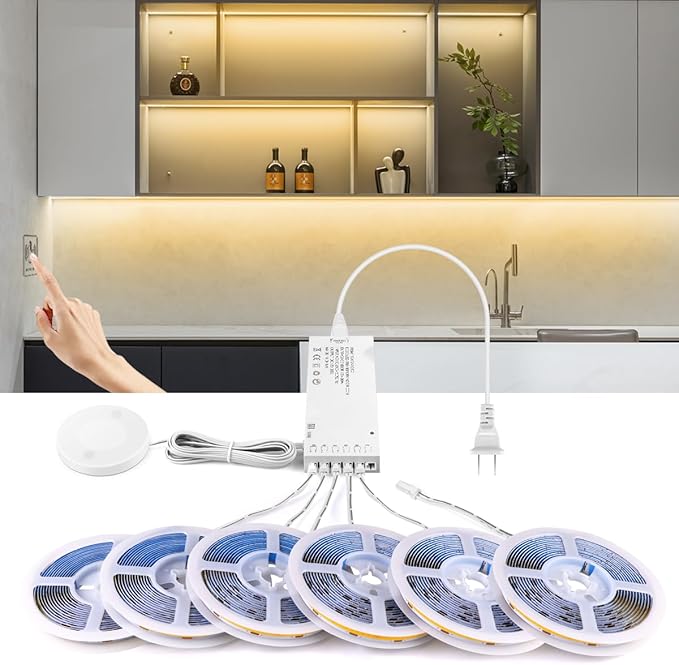 AIMENGTE Cabinet Light 12V COB LED Strip Lights, 6-in-1 Penetrable Touch Dimming, Suitable for Wine Cabinets, Shoe Racks, Display Cabinets, Wardrobes, Kitchen Cabinets, and Showcase Lighting