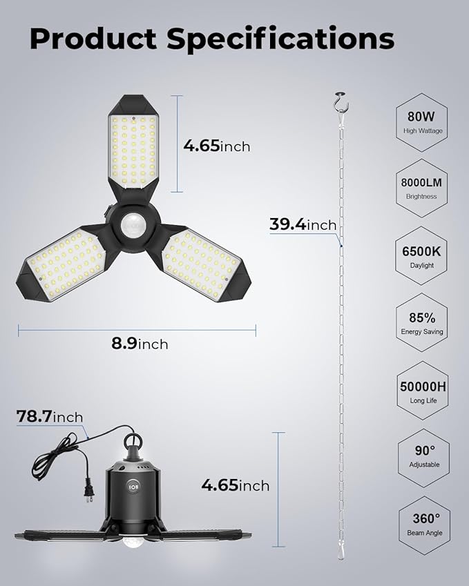 toberich Motion Sensor Garage Light Plug in, 8000LM Shop Light w/ 3 Modes, 3 Deformable LED Panels, 6500K Indoor Motion Sensor Light Bulb for Garage, Utility Room, Basement (1 Pack)