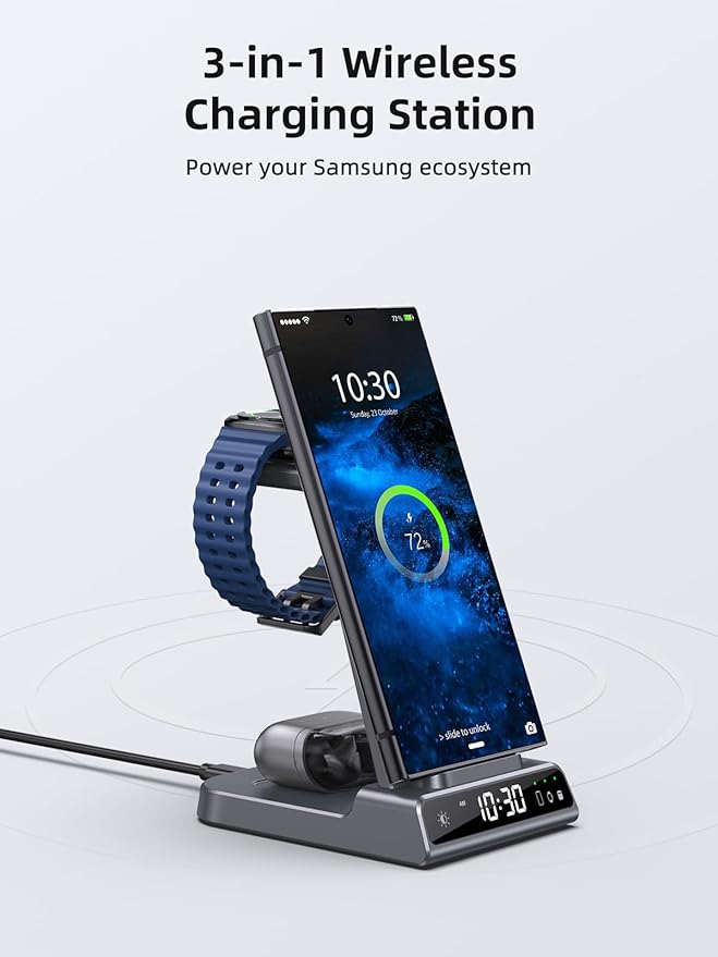Wireless Charger for Samsung Charging Station: 3 in 1 Android Charging Stand with Dimmable Clock - Nightstand Organizer for Galaxy S25 Ultra, Galaxy Watch 8 7 6 5 4, Galaxy Buds (Not for iWatch)