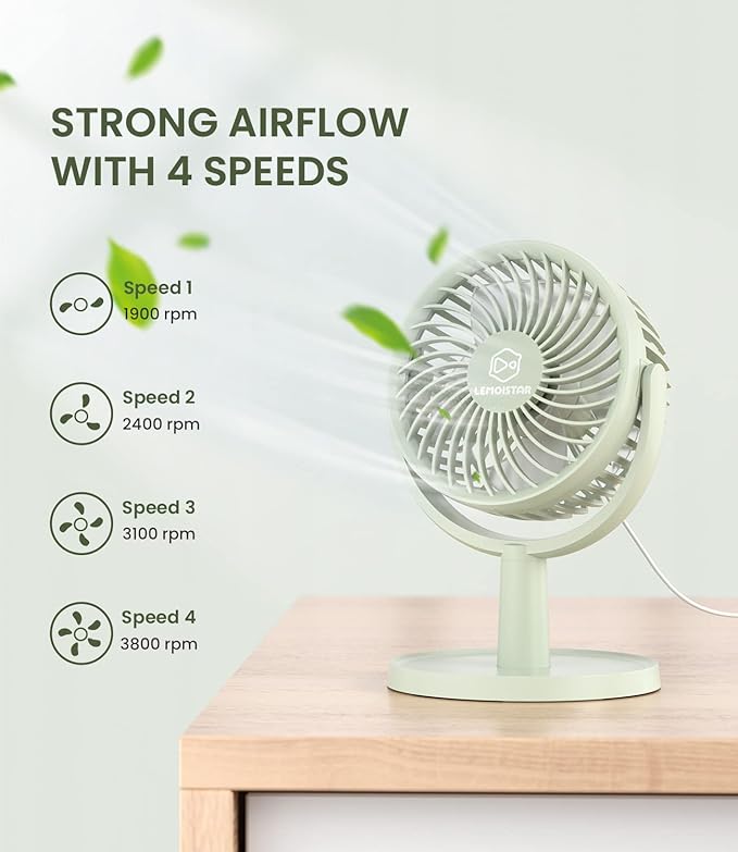 LEMOISTAR Small Personal USB Powered Fan with 4 Speeds, Portable Desk Fans with 310° Rotation, Mini Powerful Table Fans, Air Cooling Fan for Office, Bedroom, Easy to Store, Strong, Compact-Green