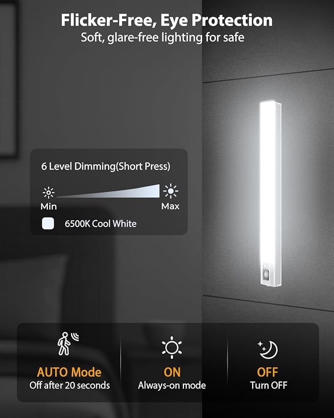 10inch Under Cabinet Lighting, 68 LED Rechargeable Motion Sensor Light Indoor, 6 Levels Dimmable Magnetic Closet Lights, Wireless Under Counter Lights for Kitchen, Stairs, Bedroom, 4-Pack Daylight