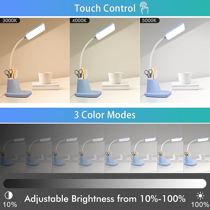 Small Desk Lamp, Blue Desk Lamp with Pen Holder, Wireless Charger LED Desk Lamps for Home Office, 800LM Flexible Arm 3 Modes Dimmable Touch Cute Desk Lamps, Study Lamps for College Dorm Room