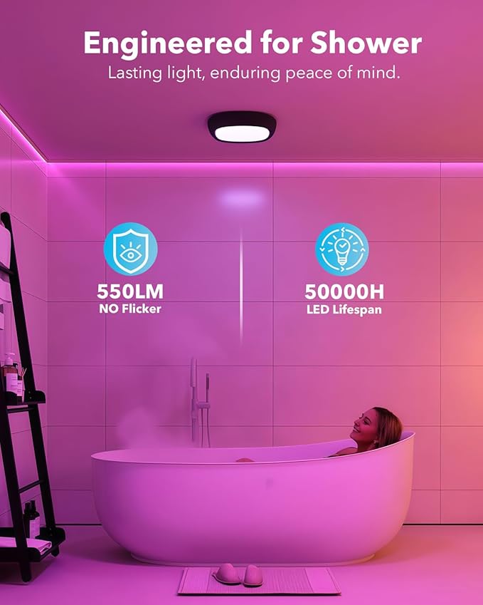 2 Pcs Motion Sensor Rechargeable Ceiling Light with Remote, 12000mAh 550LM Wireless Shower Lights for Inside Shower, Battery Operated RGB Closet Lights Sensored LED Overhead Garage Lighting No Wiring