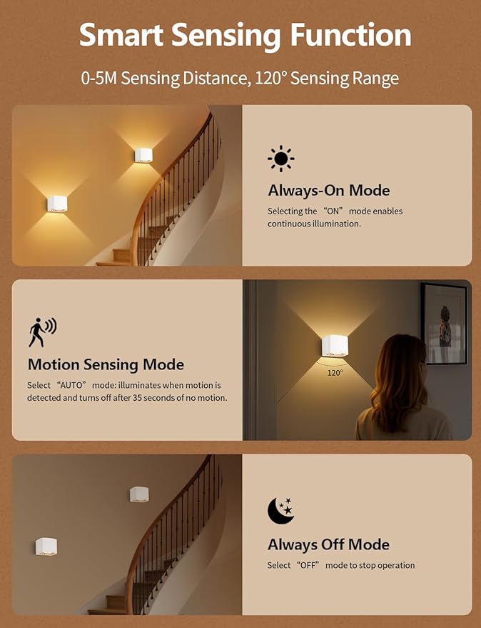 Motion Sensor Wall Light with Remote Control, 5000mAh Rechargeable Battery Powered Wall Lamps, Dimmable 2700-6500K, Adjustable Beam Angle, White Up and Down Wireless Wall Sconce for Indoor, 4-Pack