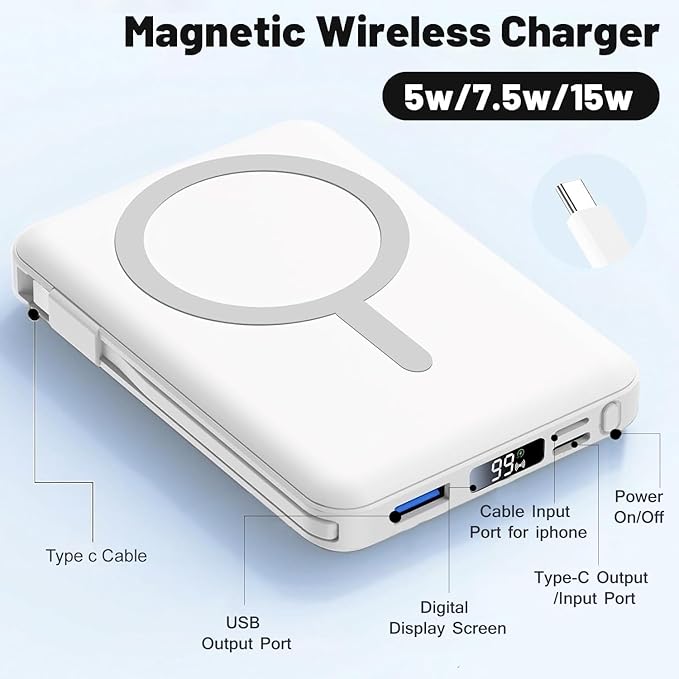 Azmuth for MagSafe Portable Charger, 10000mAh Magnetic Power Bank with 20W PD USB-C Fast Charging LED Display for MagSafe Battery Pack, Magnetic Travel Charger for iPhone 17/16/15/14/13/12 Series