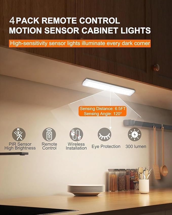 Diomart Under Cabinet Lighting, RGB Rechargeable Motion Sensor Light Indoor Night Lights, 58-LED Remote Control Under Counter Lights for Kitchen, Wardrobe, Hallway, Stairs, Desk (4 Pack)