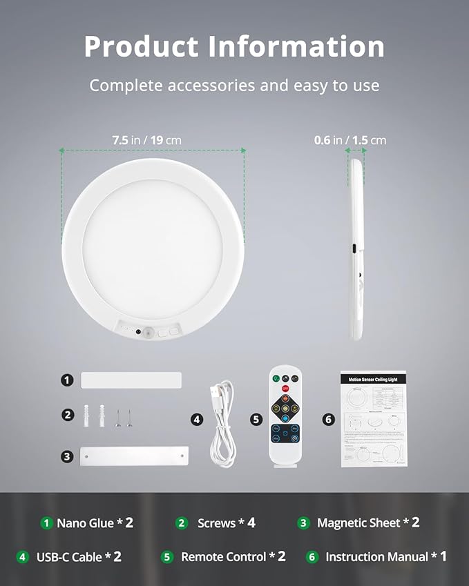 Bojim Rechargeable Ceiling Lights Wireless Waterproof Shower Lighting Inside, 3CCT & Dimmable Magnetic Motion Sensor Lights Battery Operated Closet Light No Wiring for Pantry Laundry 2 Pack
