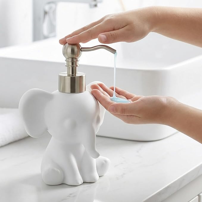 Cute Elephant Shape Soap/Hand Sanitizer Metal Pump Dispenser, Refillable for Bathroom Accessories, Gifts for Kids (Matt White)