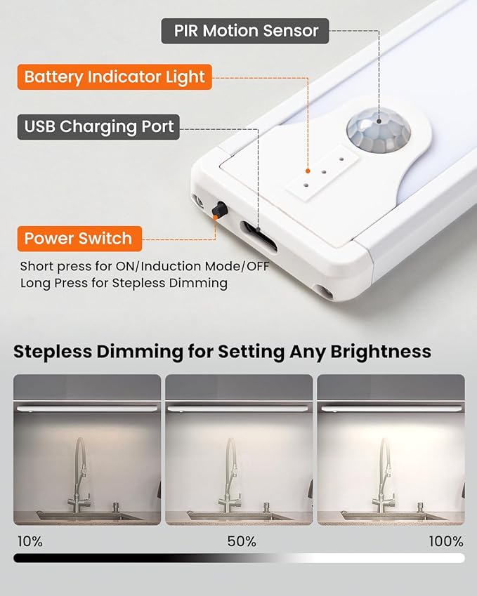 8 Inch Under Cabinet Lights, Upgraded 41 LED Rechargeable Magnetic Motion Sensor Light Indoor, Brightness Dimmable 6500K Stepless Dimming Closet Light, for Under Counter, Kitchen, Closet, 2 Packs
