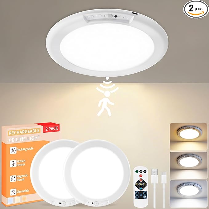 KYEKIO Rechargeable Ceiling Light 2Pack, 3 Color Magnetic Motion Sensor Lights with Remote, Wireless Dimmable Closet Light Battery Operated, LED Lights for Shower Pantry Shed Hallway Porch Stairs