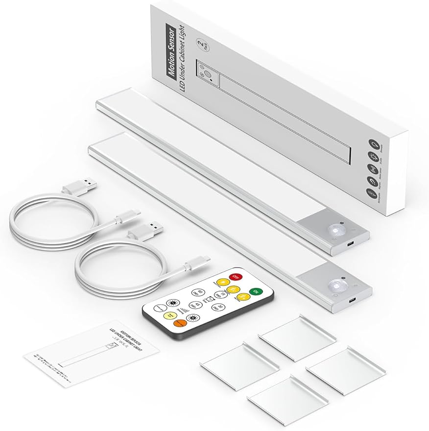 12" Ultra-Thin Under Cabinet Lighting Wireless, Aluminum Alloy Under Counter Lights for Kitchen, 3-Color-Temps Magnetic Closet Lights, Rechargeable Motion Sensor Light Indoor (2Pack, Silver)