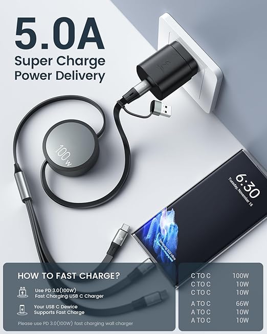 CAFELE Retractable Charging Cable, 100W USB C Fast Charger Cable 3 in 1 with [30-130cm] Adjustable Length, Multi-Port Cord for Laptop, Phone, Car, Travel - PD3.1/QC5.0（Grey）
