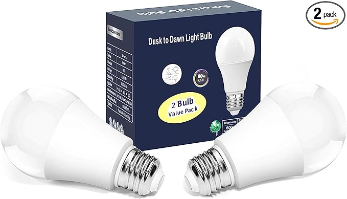 Torkase 13W Dusk to Dawn Light Bulbs- No Timer Required, 1100lm(100W Equivalent), 6000K Daylight, E26 A19 Automatic Sensor LED Bulbs, Built-in Photocell Detector for Boundary,Garage,Patio, 2-Pack