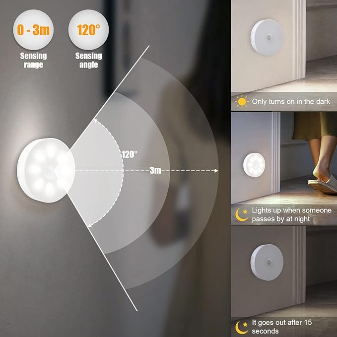 Motion Sensor Light Indoor [8 LED], Electight Night Light USB Rechargeable, 3 Light Modes & Long-Last Battery, Cordless Magnetic Sticker Nightlight for Stair, Closet, Hallway - Cold White & Warm White