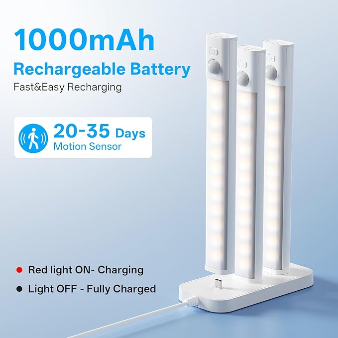 Under Cabinet Lighting with Charging Station,Rechargeable Motion Sensor Light Indoor,LED Closet Lights,3 Colors Dimmable,Magnetic for Kitchen,Wardrobe,Bedroom,Drawer 3Pack