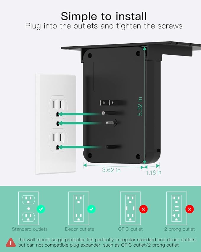 Wall Outlet Extender with Shelf, Surge Protector 6 AC Multi Plug Outlet, 3 USB Charger Station Splitter Expander for Home Bathroom, Black