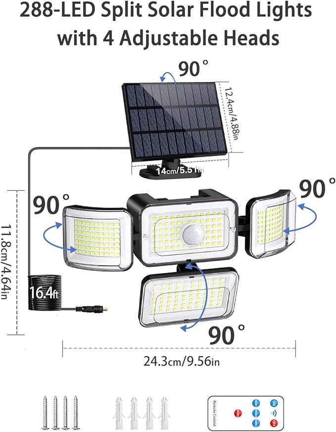 CLAONER Solar Outdoor Lights Motion Sensor 3500LM 288 LED Solar Security Lights with Remote Control IP67 Waterproof 4 Heads Flood Lights with 16.4ft Cable 4 Modes Wall Lights(4 Pack)