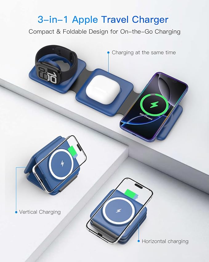 Iseyyox Charging Station for Apple Devices - 3 in 1 Magnetic Foldable Wireless Charger Dock - Travel Charging Pad for MagSafe iPhone 17 16 15 14 13 12 Pro Max Plus Watch & Airpods