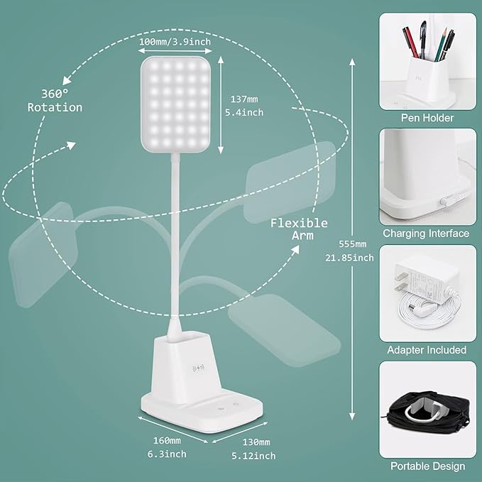 Upgraded LED Desk Lamp with Wireless Charger, White Small Desk Light with Pen Holder, 3 Color Modes, CRI 85, 800 Lumen, Study Lamps for College Dorm Room, Home Office, Adapter Included