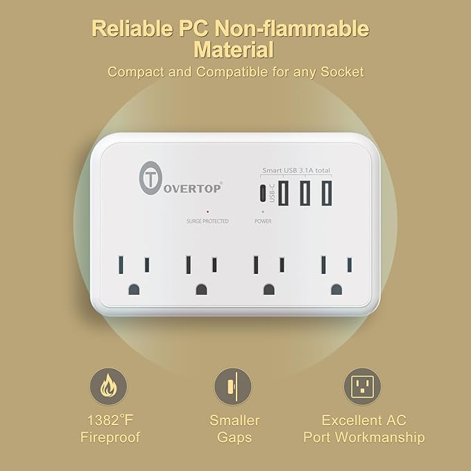 Overtop Wall Outlet Extender, 1800Joules Electrical Surge Protector, 4 AC Outlet Splitter with 4 USB Ports(1 USB C), Small Multi Plug Wall Charger for Home Office Travel Dorm