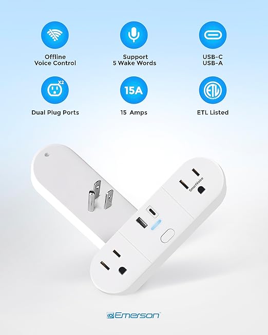 Emerson SmartVoice 4-in-1 Wall Plug, Voice Control Smart Outlet w/ 2 AC (1 Voice + 1 Always-On), USB-A & USB-C Ports, No WiFi, No App, Sleep & Wake Timer, ETL Listed