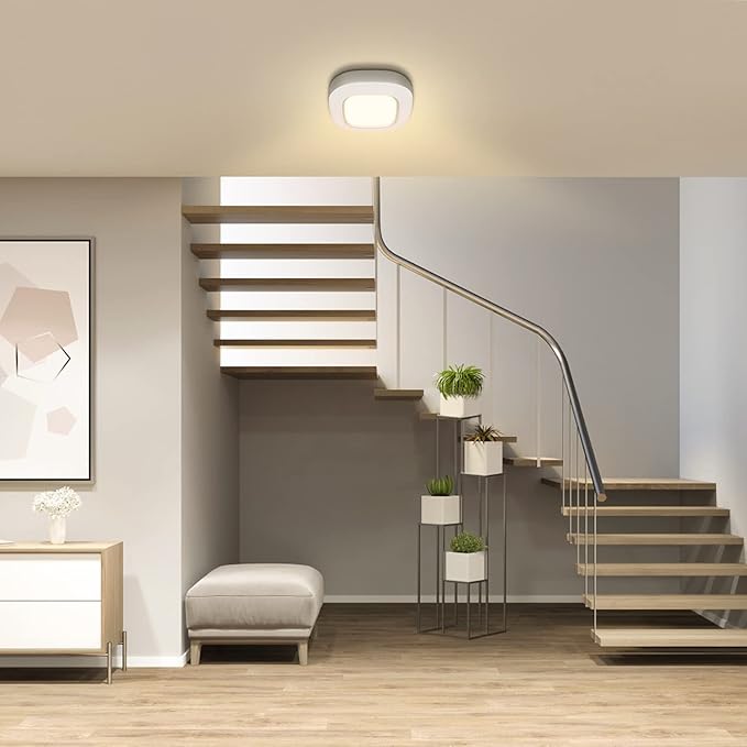 Motion Sensor Battery Operated Lights For Closet, Indoor Wireless Activated LED Ceiling Light Battery Powered 300LM for Stair Kitchen Porch Bathroom Hallway Bedroom Garage, Warm Step Light