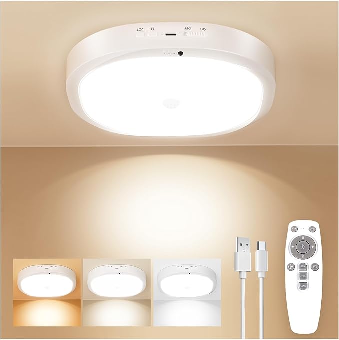 Rechargeable Motion Sensor Ceiling Light Indoor, Cordless Closet Light with 10000mAh Battery, 3 Color Temperatures, 550LM Motion Activated Light for Closet,Shower,Stairs,Pantry,Remote Control