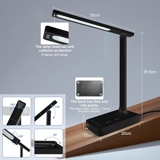 Desk Lamp with 4-Port Charging Station (2 AC Outlets, USB-C, USB-A), 5 Color Modes & Adjustable Brightness, Flexible Gooseneck Arm, Eye-Protecting LED Light Source, Ideal for Home Offices & Bedrooms