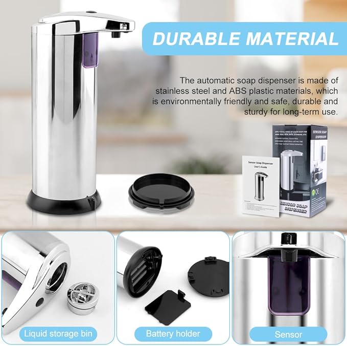 Automatic Soap Dispenser, Stainless Steel Sensor Soap Dispenser, 8.5oz Touchless Liquid Hand Soaps Dispensers with Motion Sensor for Kitchen