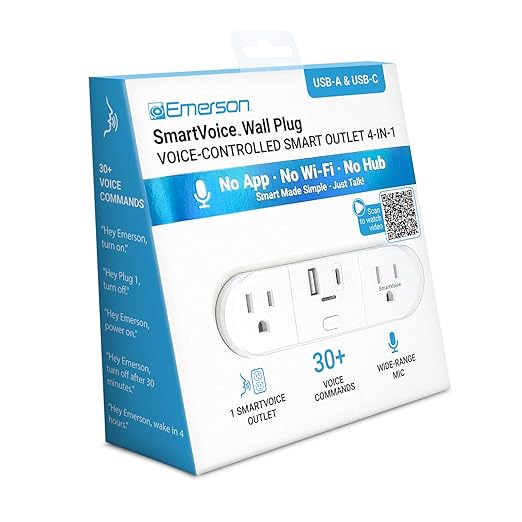Emerson SmartVoice 4-in-1 Wall Plug, Voice Control Smart Outlet w/ 2 AC (1 Voice + 1 Always-On), USB-A & USB-C Ports, No WiFi, No App, Sleep & Wake Timer, ETL Listed