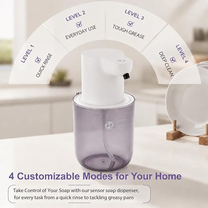 Automatic Soap Dispenser Touchless, 4-Level Adjustable Liquid Soap Dispenser, 13.5oz/400ml USB Rechargeable, IPX5 Waterproof, Countertop or Wall Mount, for Kitchen Bathroom, White