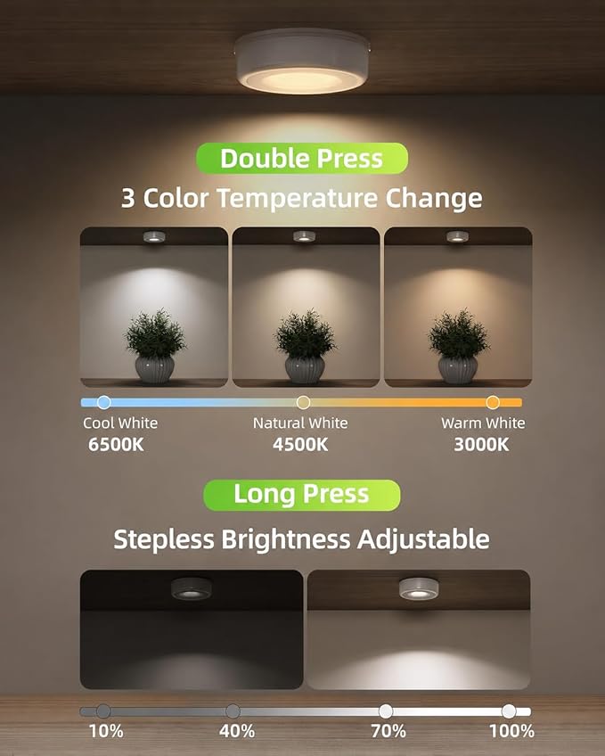 EZVALO LED Puck Lights with Charging Station, Rechargeable Stick On Tap Lights, Wireless Closet Light, 3 Color Temps, Under Cabinet Lights, 2.5'' Mini Touch Light for Kitchen,Pantry,Shelves(6 Pack)