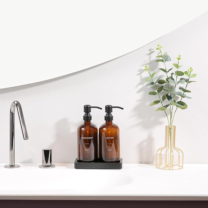 Prus Waso Amber Glass Soap Dispenser Set, Hand Soap and Lotion Set with Black Stainless Steel Pump, Perfect for Modern Bathroom Decor. (Amber)
