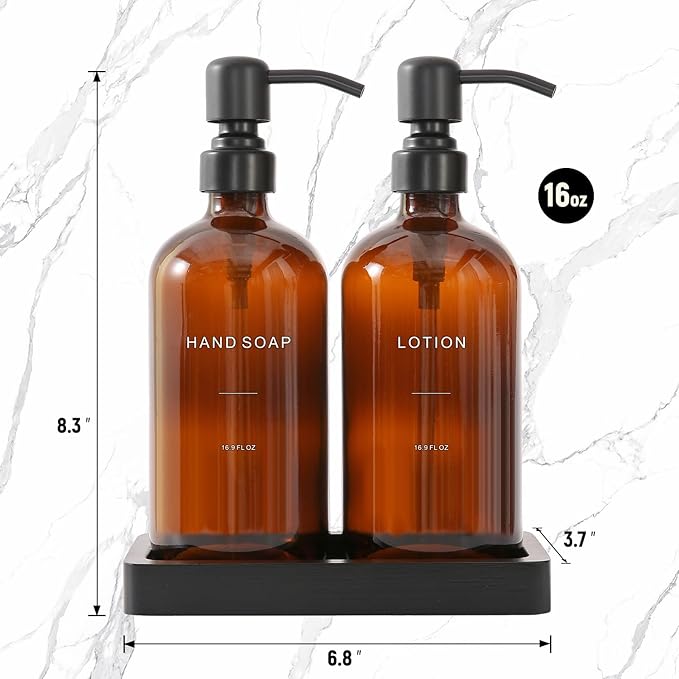 Prus Waso Amber Glass Soap Dispenser Set, Hand Soap and Lotion Set with Black Stainless Steel Pump, Perfect for Modern Bathroom Decor. (Amber)