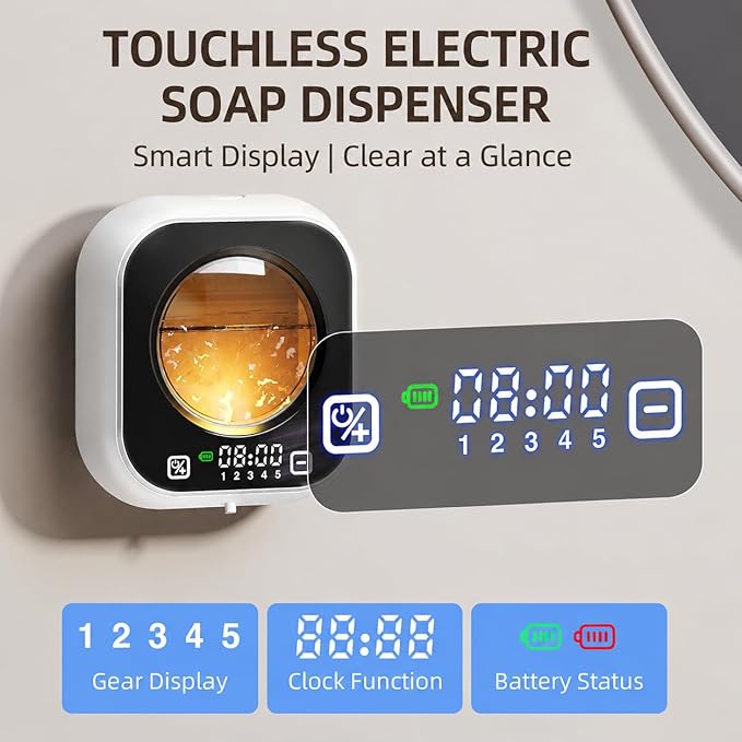 Automatic Liquid Soap Dispenser, Wall Mounted Soap Dispenser, 320ML Electric Touchless Rechargeable, Smart Display & 5‑Level Adjustable, No-Drill Waterproof for Bathroom, Kitchen (White)