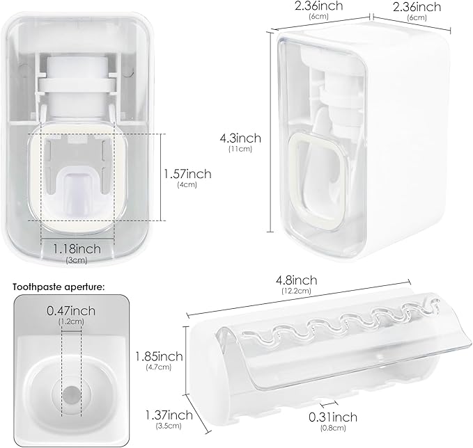 5 Slots Wall Mount Toothbrush Holder with Cover, Self Adhesive Toothbrush Storage Organizer for Shower, Toothbrush Hanger with Automatic Toothpaste Squeezer Dispenser (White)