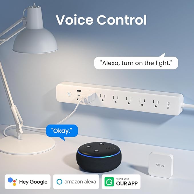 GHome Smart Power Strip, WiFi Surge Protector with 6 Individually Controlled Outlets, 3 USB Ports, Compatible with Alexa & Google Home