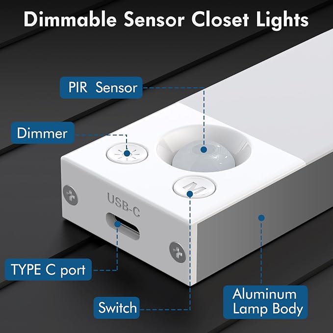 Under Cabinet Lighting 1800mAh Long Battery Life,2 Pack Dimmable Motion Sensor Light Indoor,USB C Rechargeable Under Cabinet Lights Wireless,Under Counter Lights for Kitchen Drawers, Wardrobe, Stair