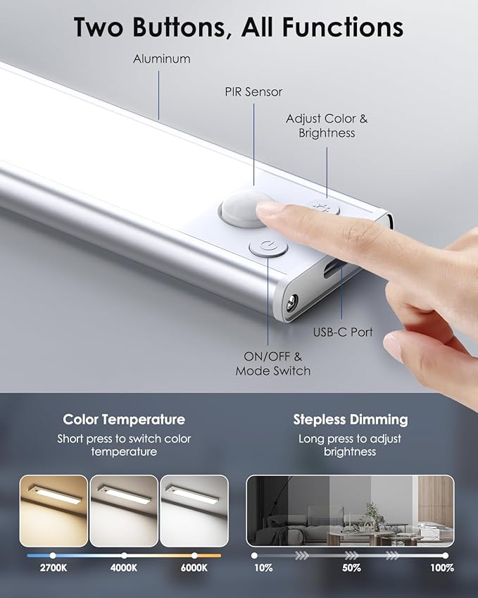 VerRon 5 Pack Under Cabinet Lighting Wireless, Battery Operated Motion Sensor Light Indoor with 3 Color Temps 68 LED, Upgraded 2200mAh Rechargeable Under Cabinet Lights Closet Lights for Kitchen, 10in