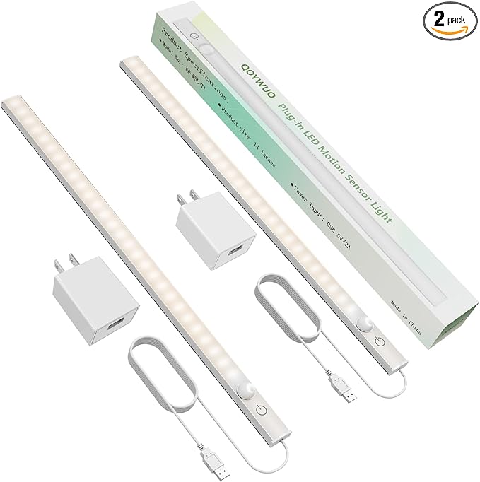 14" Slim USB Plug-in LED Motion Sensor Light Indoor, Bright & Dimmable Under Cabinet Light - 3 Modes (ON/Night/Day) for Kitchen, Cabinet, Closet - 3000K Warm White, 2 Pack (Standalone)