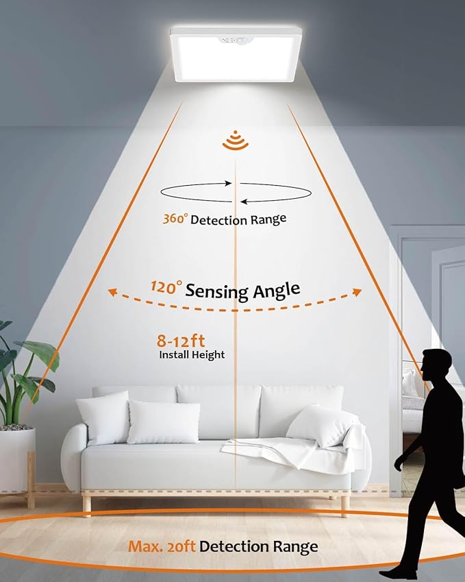 Annaror 12in Motion Sensor Ceiling Light Wired, 3000K 4000K 5000K Selectable, 24W Flush Mount Square Motion Ceiling Light with 3 Timer for Closet Porch Stairs Hallway, White