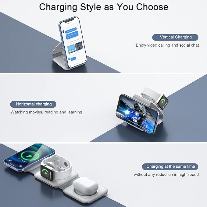 Wireless Charger 3 in 1,RTOPS Magnetic Traval Wireless Charging Station Multiple Devices,GaN 3 in 1 Charging Station,Compatible iphone17/16/15/14/13/Pro/Max,iWatch,AirPods4/3/2/Pro(Adapter Includes)