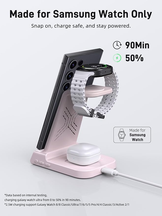 Wireless Charger for Samsung Charging Station: 3 in 1 Android Charging Stand with Dimmable Clock - Nightstand Organizer for Galaxy S25 Ultra, Galaxy Watch 8 7 6 5 4, Galaxy Buds (Not for iWatch)
