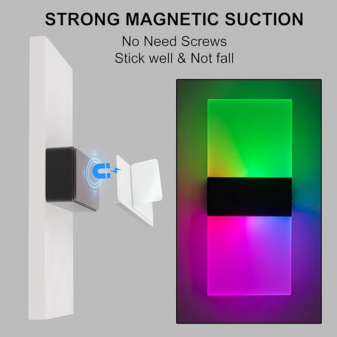 12 Color Changing RGB Wall Sconce, Rechargeable Battery Operated LED Wall Light, Remote Dimmable Magnetic Night Light for Bedroom Hallway Stairway Decor