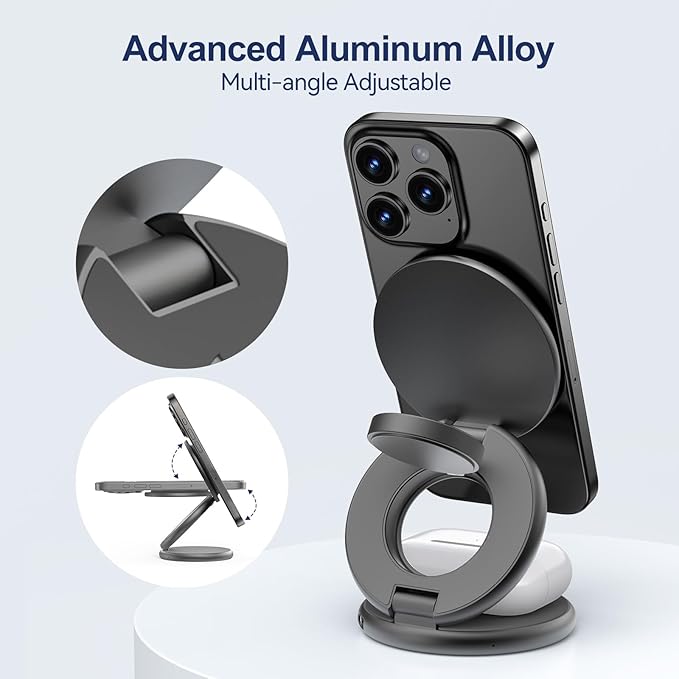 KU XIU X63 3 in 1 Charging Station for Apple, Aluminum Alloy Foldable Magnetic Wireless Charger, Travel Charger for iPhone 17/16/15/14/13/12 Series, Apple Watch & AirPods (with 20W Adapter)-Gray