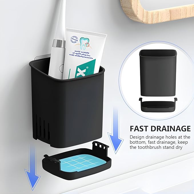 2 Pack Wall Mounted Toothbrush Holders，Removable Drill-Free Wall Shower Holder for Toothbrush,Toothpaste, Razor, Self-draining Self Adhesive Cup in Shower, Kitchen Tableware Organizer (Black