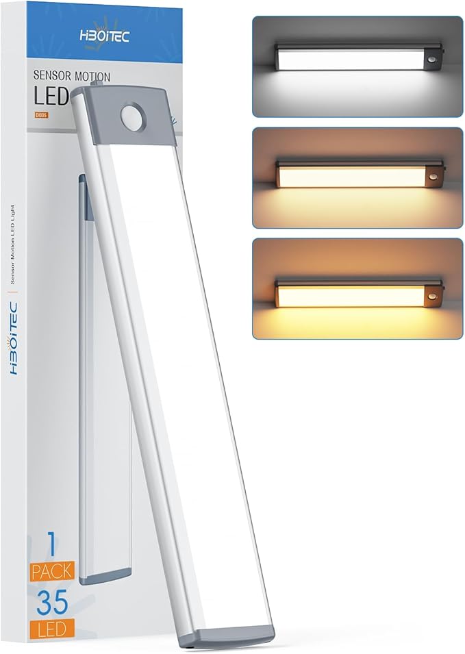 HIBOITEC Under Cabinet Lighting Motion Sensor Lights Indoor, 3 Color Temperatures Wireless Rechargeable Closet Light, Dimmable Under Counters Light for Kitchen, Wardrobe, Closets, Cupboard, 1Pack