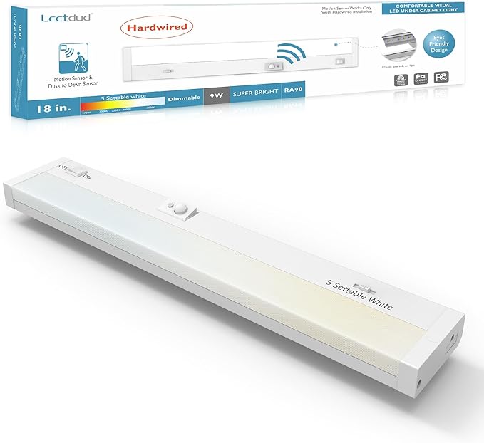 Leetdud Under Cabinet Lighting Motion Sensor Hardwired, 18 Inch 9W Dimmable, 5 CCT 2700/3000/3500/4000/5000K, Eyes Care Design Linkable Under Counter Lights for Kitchen, Sink, ETL Listed, White